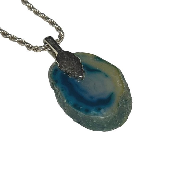 Sterling Silver Blue Agate Stone Pendant Necklace 16" - Picture 1 of 7